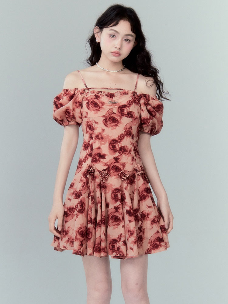 Rose Print Square Collar Puff Sleeve Dress