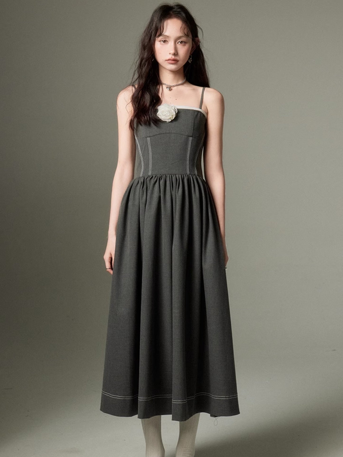 Three-dimensional Rose Brooch Sling Dress