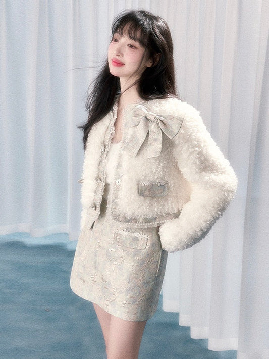 Lamb Wool Ribbon Short Coat ï¼?Jacquard Skirt