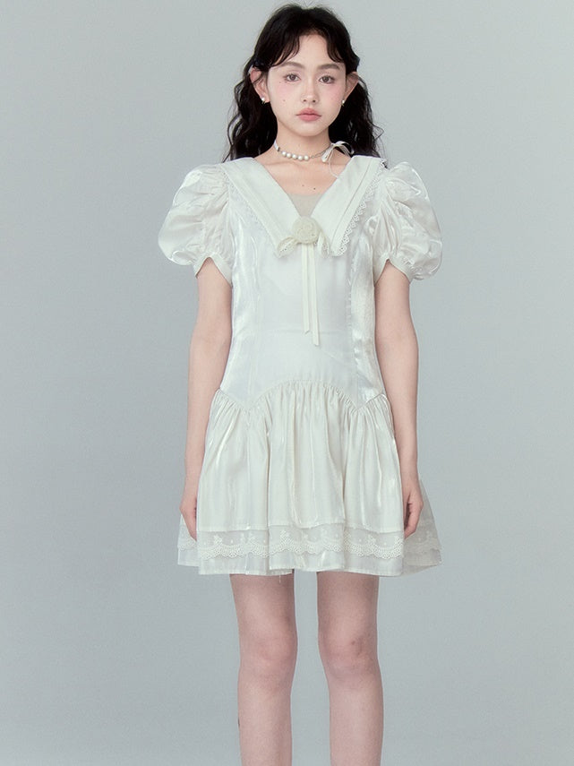 V-neck Rose Streamer Puff Sleeve Dress