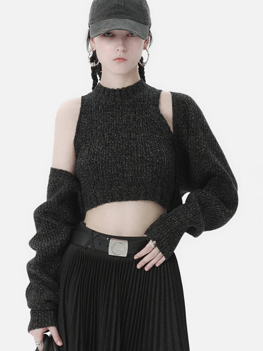 Knit Cropped Tops&Cardigan Set-up