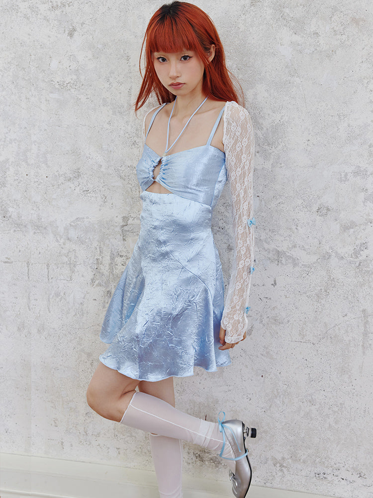 Shiny Hollow Suspender Dress & Lace Sleeve