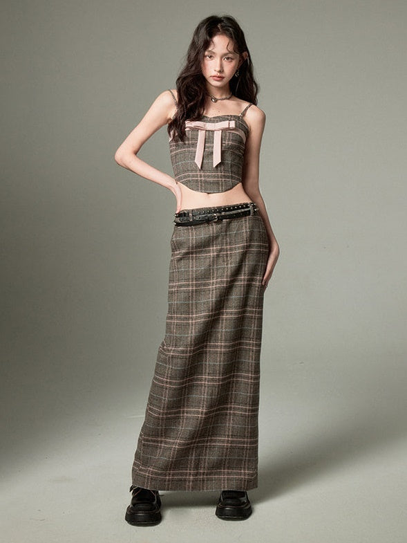 Plaid Bow Cropped Camisole ï¼?Long Skirt