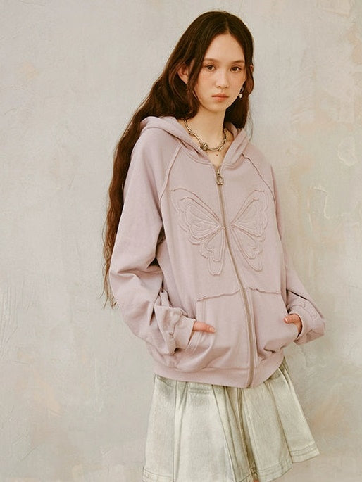 Butterfly Embroidery Loose ZIP-Up Hooded Sweat