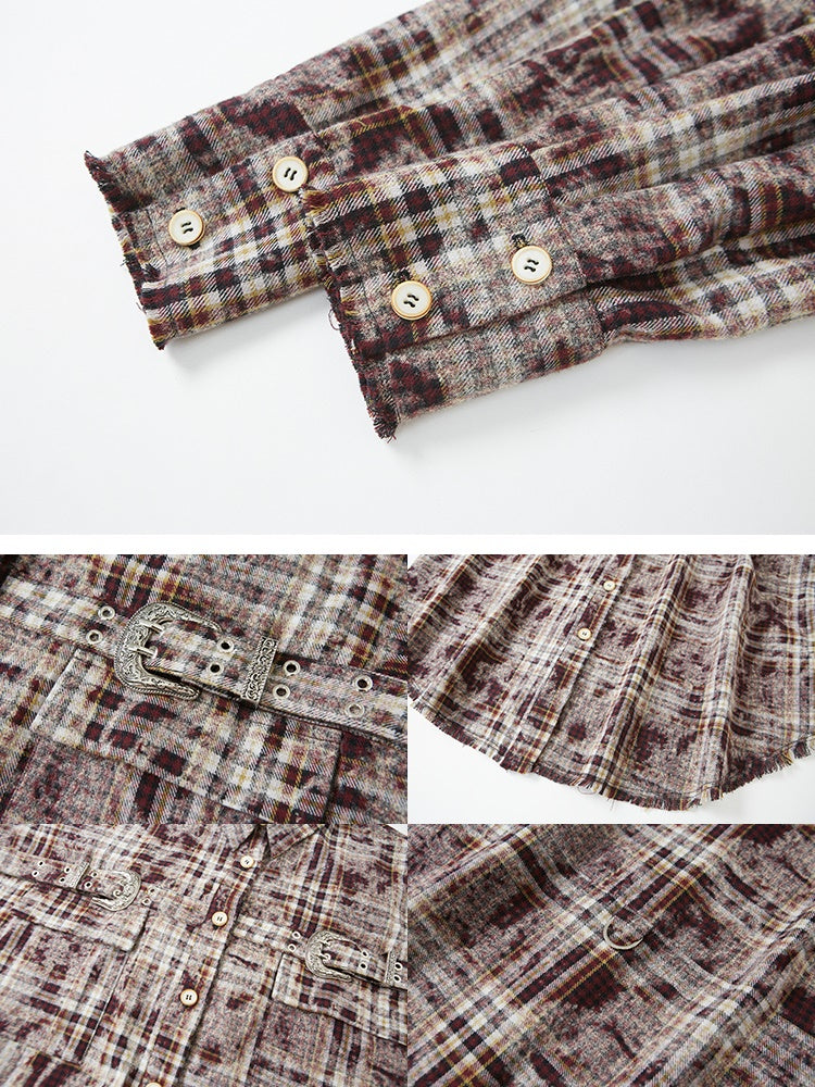 Plaid Loose Long Sleeve Shirt ï¼?Pleated Skirt
