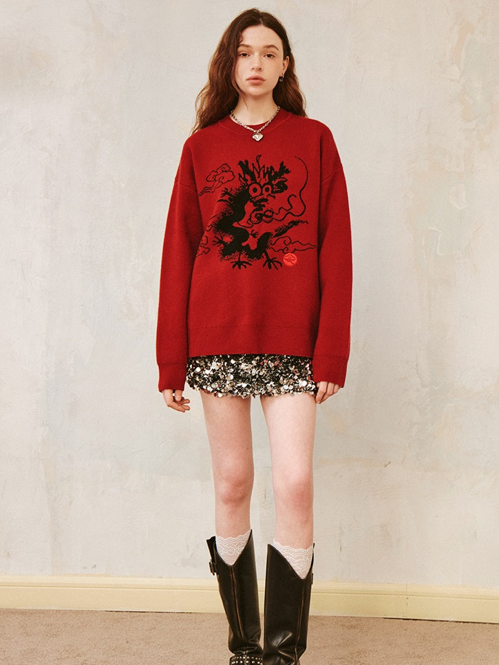 Dragon Design Round Neck Drop-shoulder Sweater