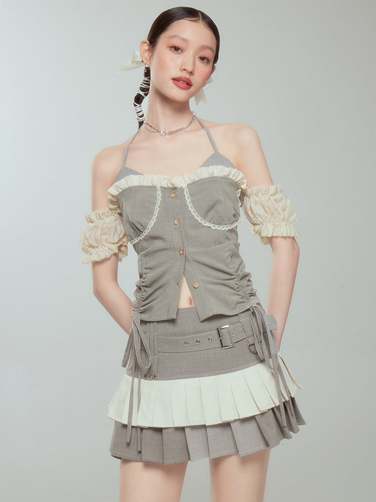 Halter Neck Suspender Top & Short Pleated Cake Skirt