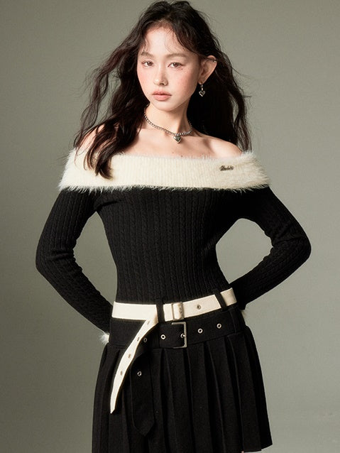 Off-shoulder Knit Double Belt One-piece