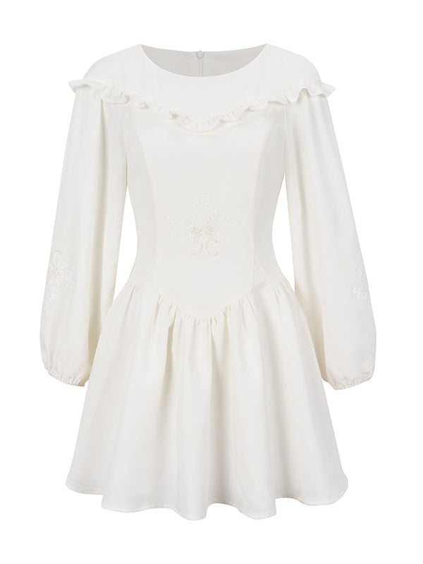 French Pastoral Embroidery Lantern Sleeve One-piece