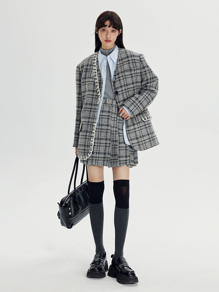 Woven Plaid No-Collar Jacket ï¼?Vest ï¼?Pleated Skirt