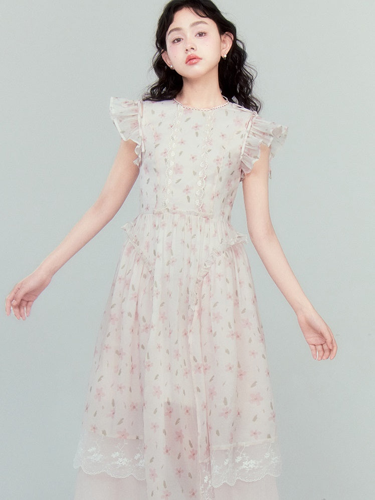 Flying Sleeve Lace Ruffled Dress