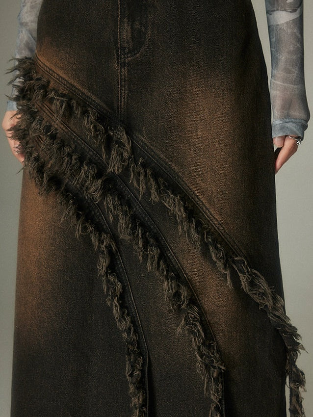 Asymmetrical Fringed Denim Skirt