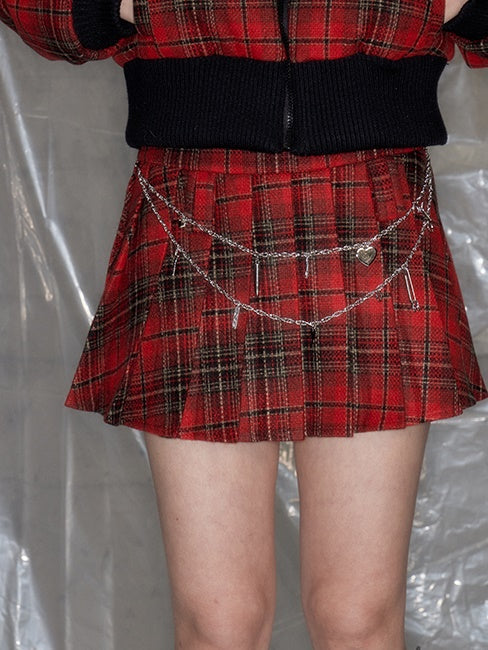 Metal Chain Plaid A-line Pleated Skirt