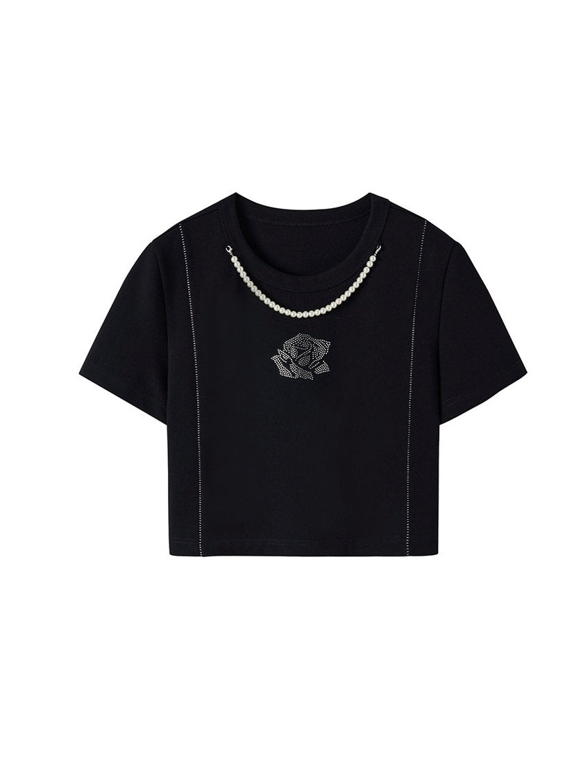 Detachable Imitation Pearl Necklace T-shirt