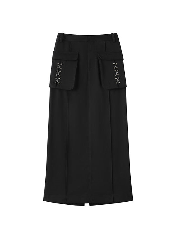 Three-dimensional Pocket High Waist Medium Skirt