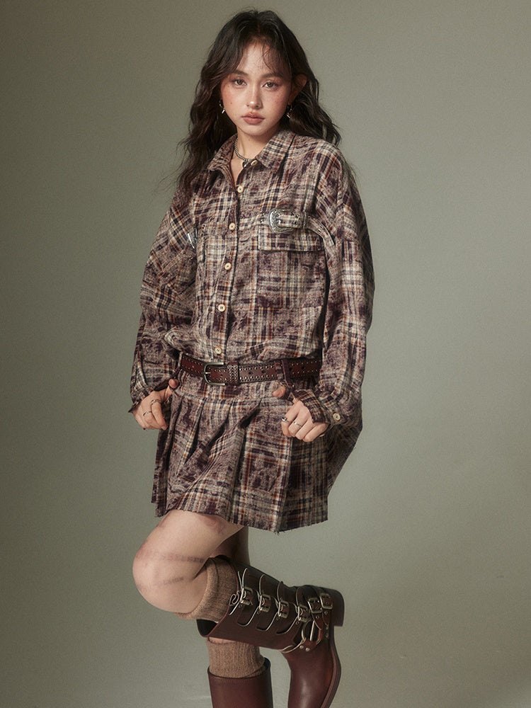Plaid Loose Long Sleeve Shirt ï¼?Pleated Skirt