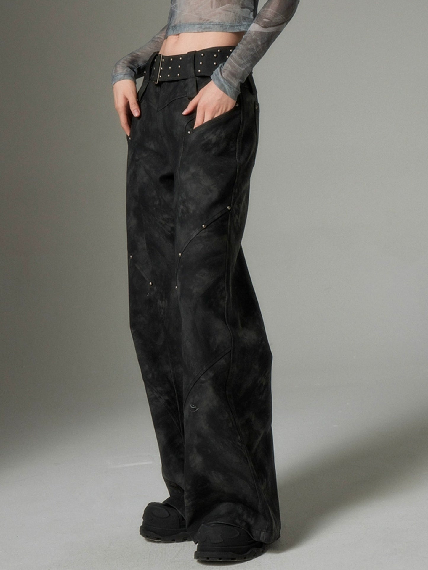 Wide Leg Rivet Leather Pants