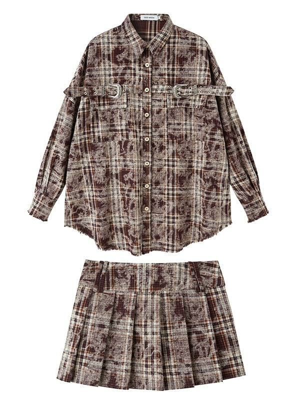 Plaid Loose Long Sleeve Shirt ï¼?Pleated Skirt