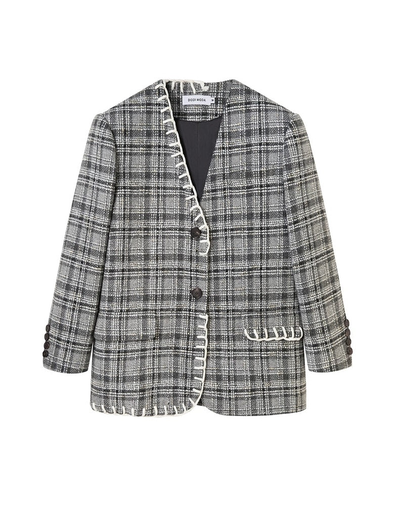 Woven Plaid No-Collar Jacket ï¼?Vest ï¼?Pleated Skirt