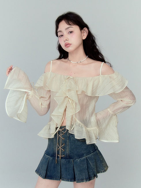 Trumpet Sleeve One Shoulder Lotus Leaf Chiffon Shirt