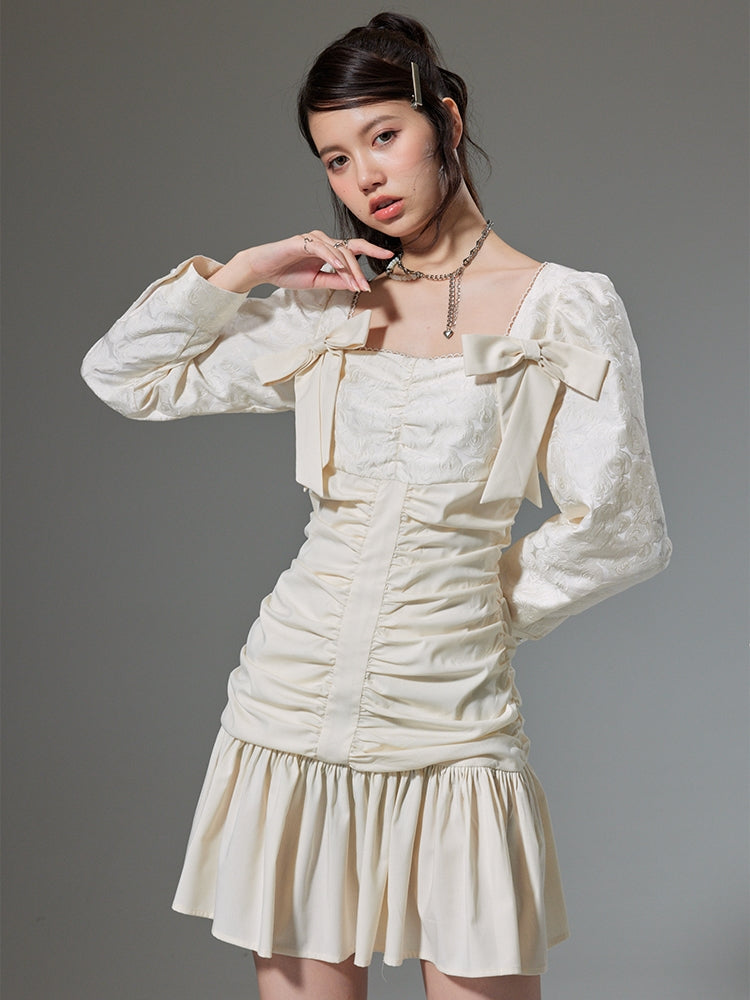 Square Neck Pleated Waist Long Sleeve Dress