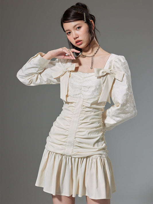 Square Neck Pleated Waist Long Sleeve Dress