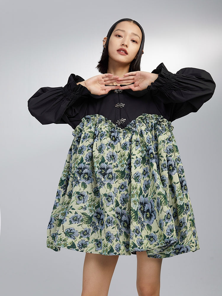 Doll Collar Floral High Waist Shirt Dress