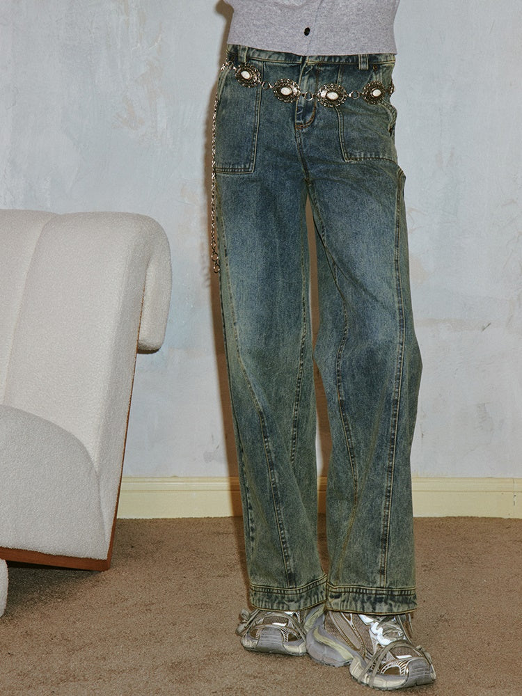 Retro Washed Design Straight Jeans