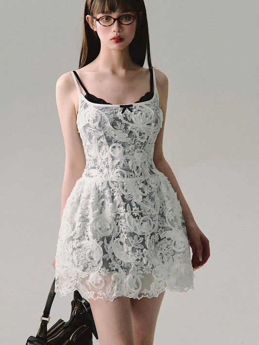 Three-dimensional Embroidered Sheer Suspender Dress