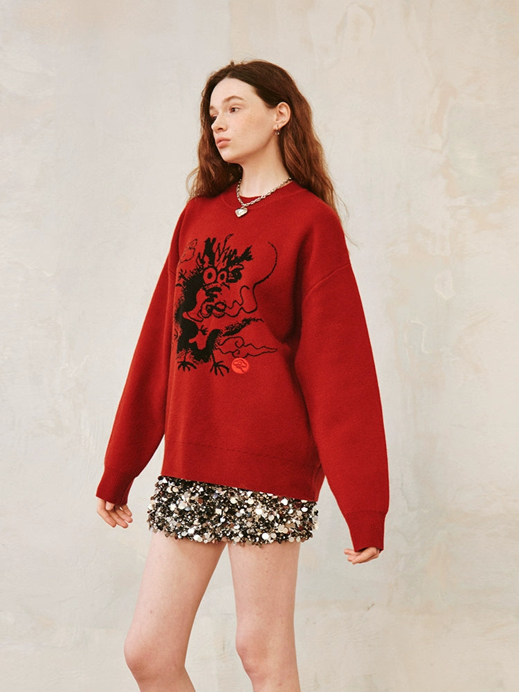 Dragon Design Round Neck Drop-shoulder Sweater