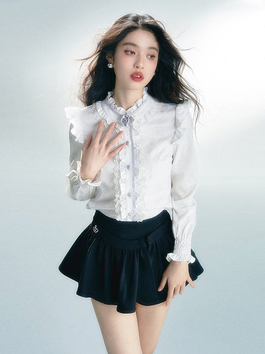 Long-sleeved Retro Lace Frill Shirt