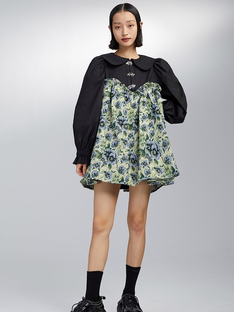 Doll Collar Floral High Waist Shirt Dress