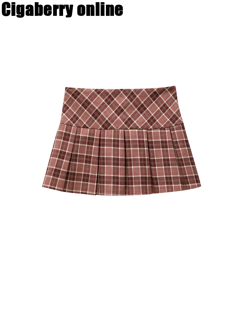 Checked Girly Box-Pleats Retro Cute Mini-Skirt