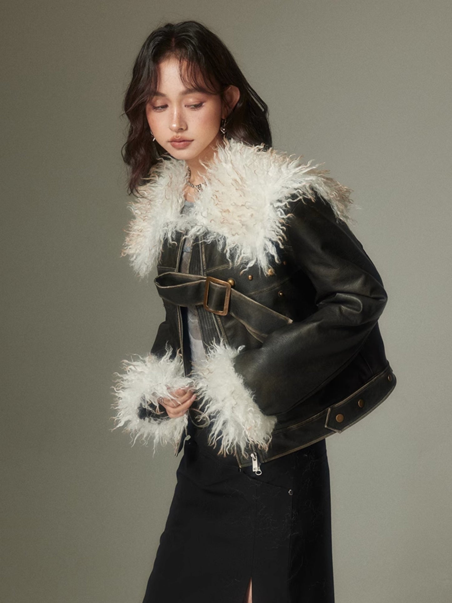 Furry Lapel Leather Jacket