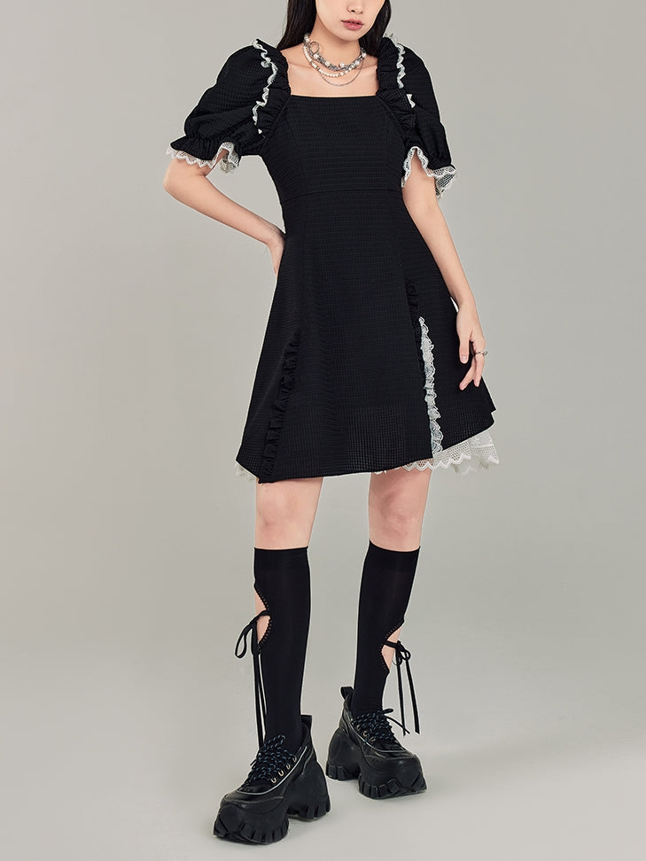 Square Neck Puff Sleeve Black Dress