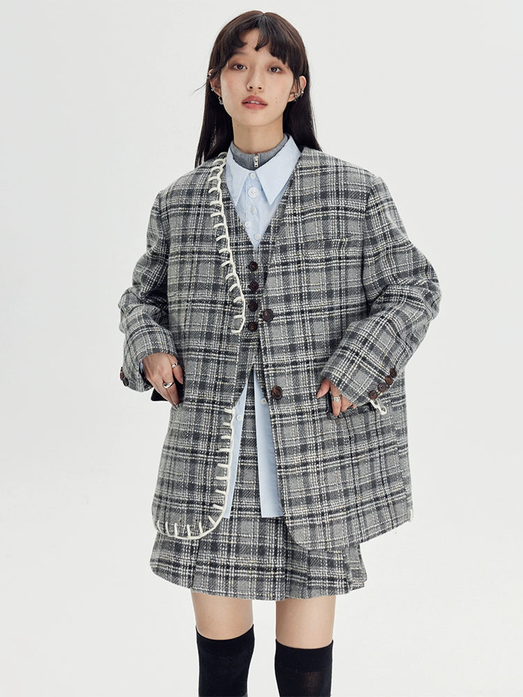 Woven Plaid No-Collar Jacket ï¼?Vest ï¼?Pleated Skirt