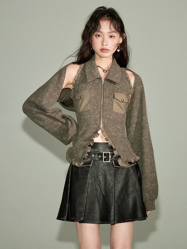 Polo Collar Knitted Sleeveless Top ï¼?Shawl Cardigan Set-up
