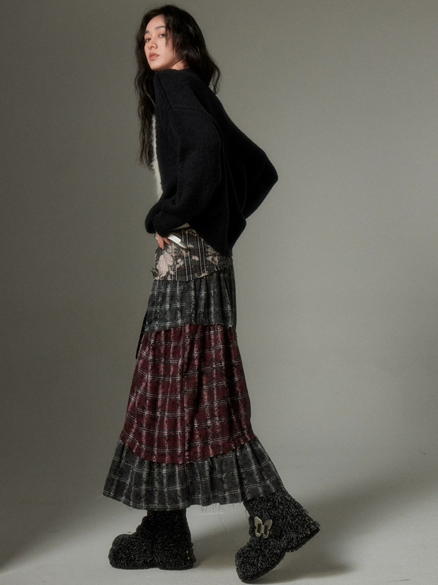 Wasteland Style Stitching Plaid Skirt