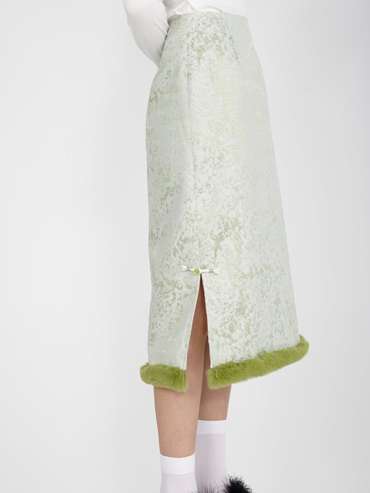 New Chinese Embroidered Slit Furry Skirt