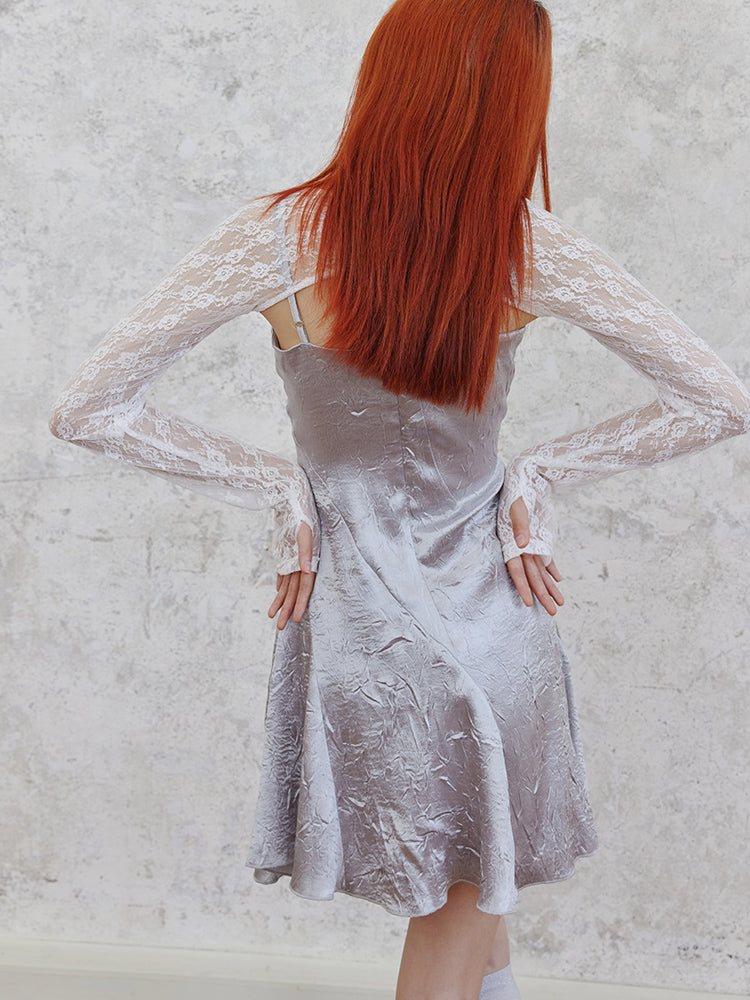 Shiny Hollow Suspender Dress & Lace Sleeve