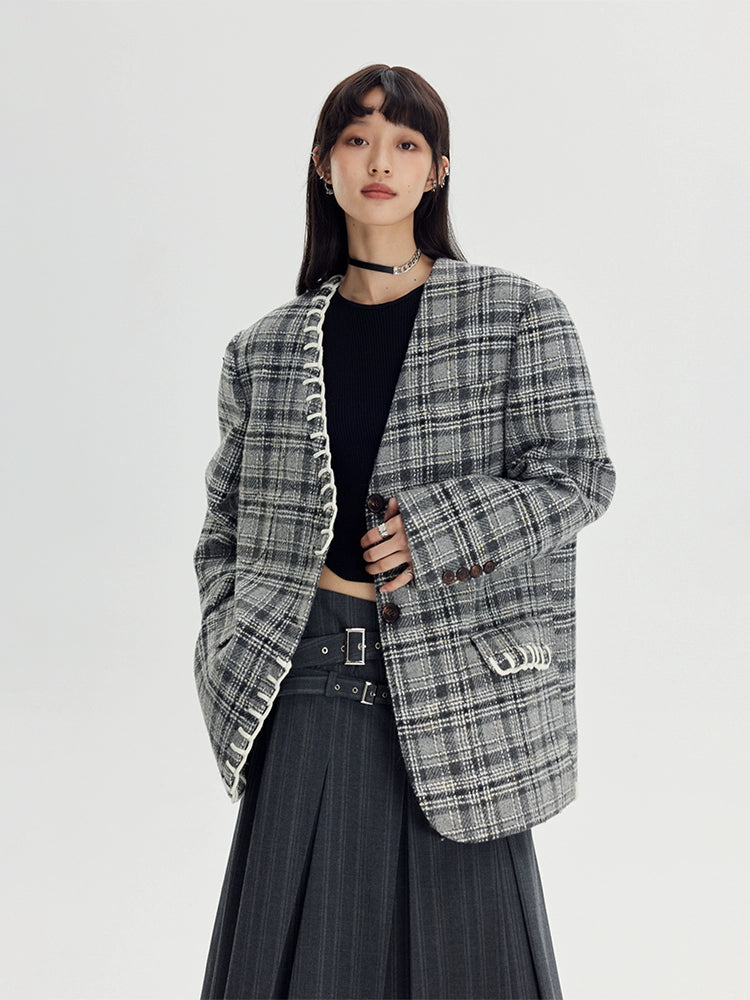 Woven Plaid No-Collar Jacket ï¼?Vest ï¼?Pleated Skirt