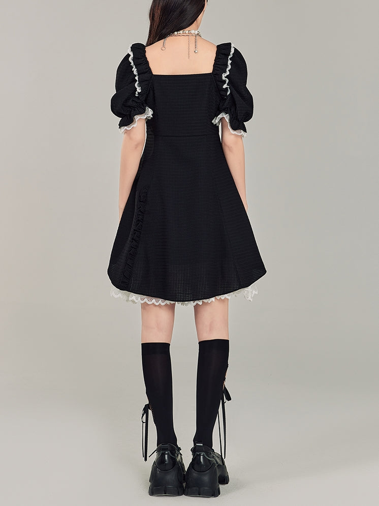 Square Neck Puff Sleeve Black Dress