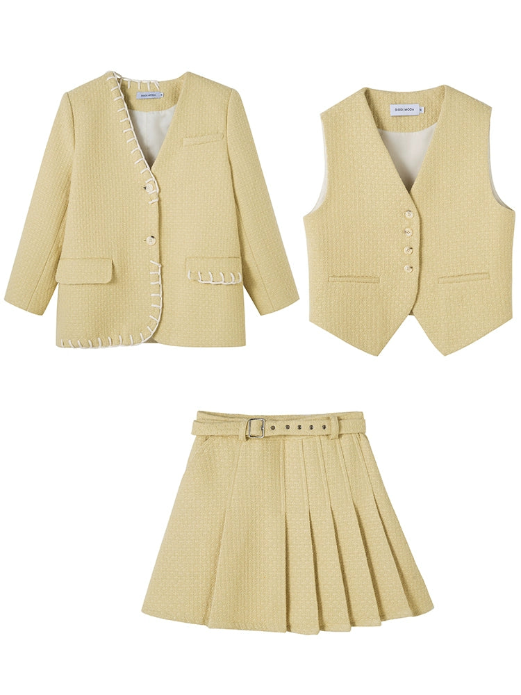 No-Collar Jacket ï¼?Vest ï¼?High-waisted Pleated Skirt