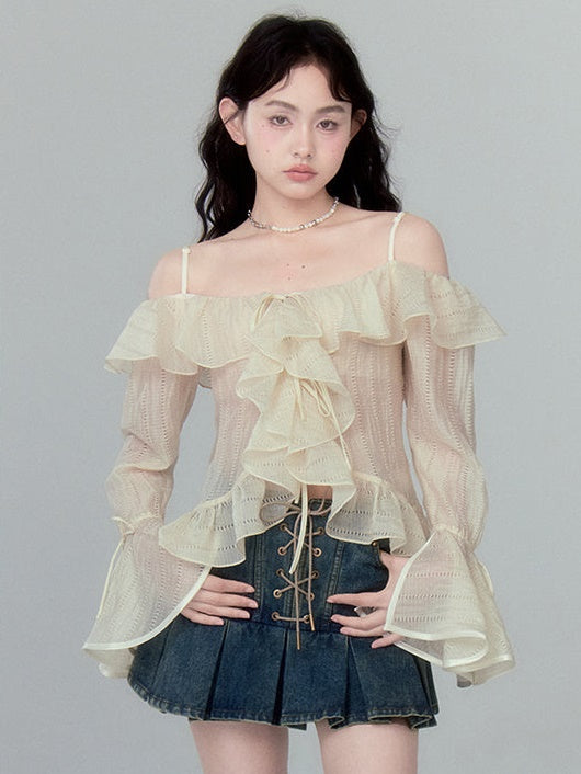 Trumpet Sleeve One Shoulder Lotus Leaf Chiffon Shirt