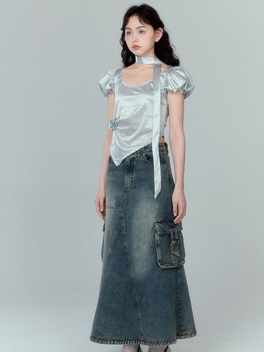 Washed Pocket Decoration A-Line Denim Skirt