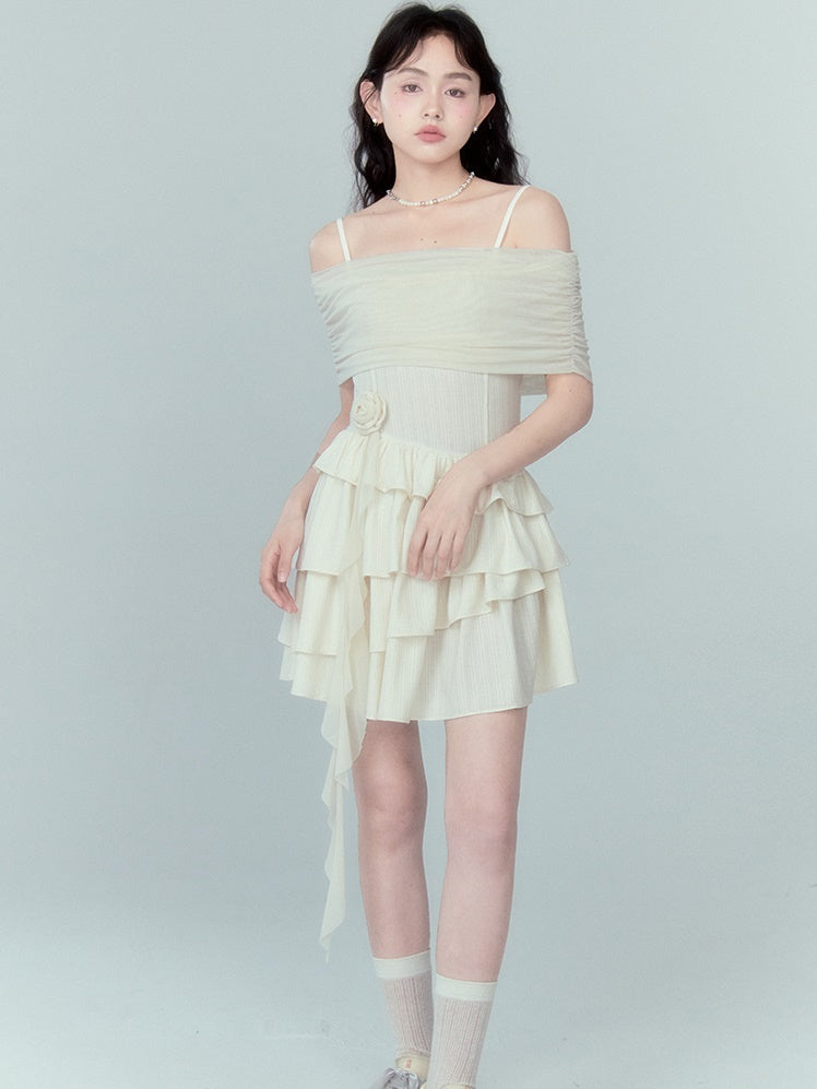 Strap Off-shoulder Ruffle Stitching Dress