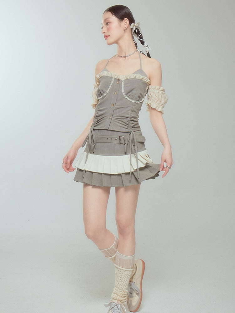 Halter Neck Suspender Top & Short Pleated Cake Skirt