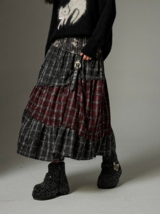 Wasteland Style Stitching Plaid Skirt