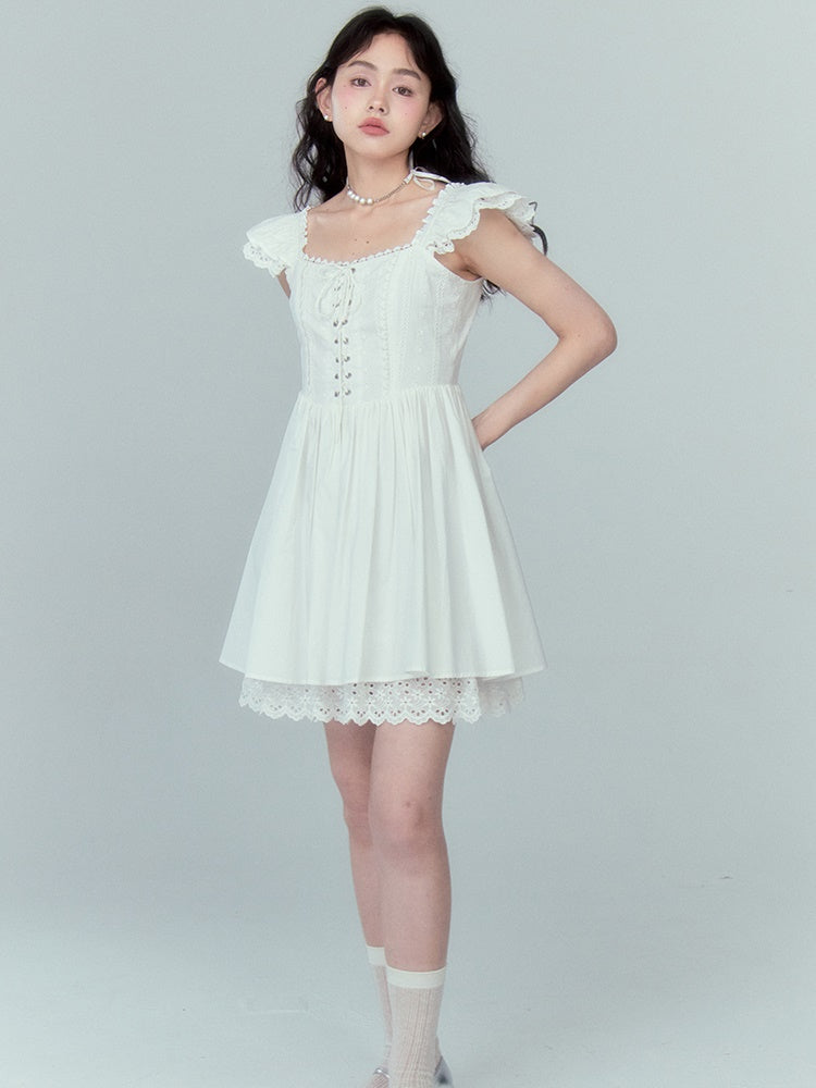 Stitching Lace Jacquard Flying Sleeve Dress