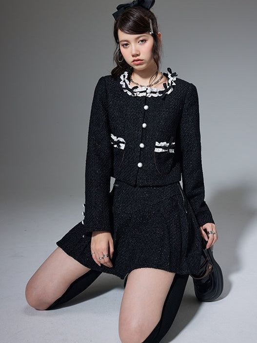 Round Neck Bow Cardigan Jacket & Pleated Skirt